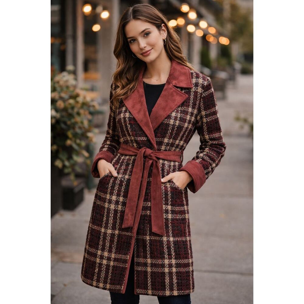 Alice Blue Plaid Belted Jacket Size Medium Burgundy Brown